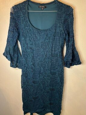 MARINA Teal Lace-Overlay Scoop Neck Long Sleeve Dress